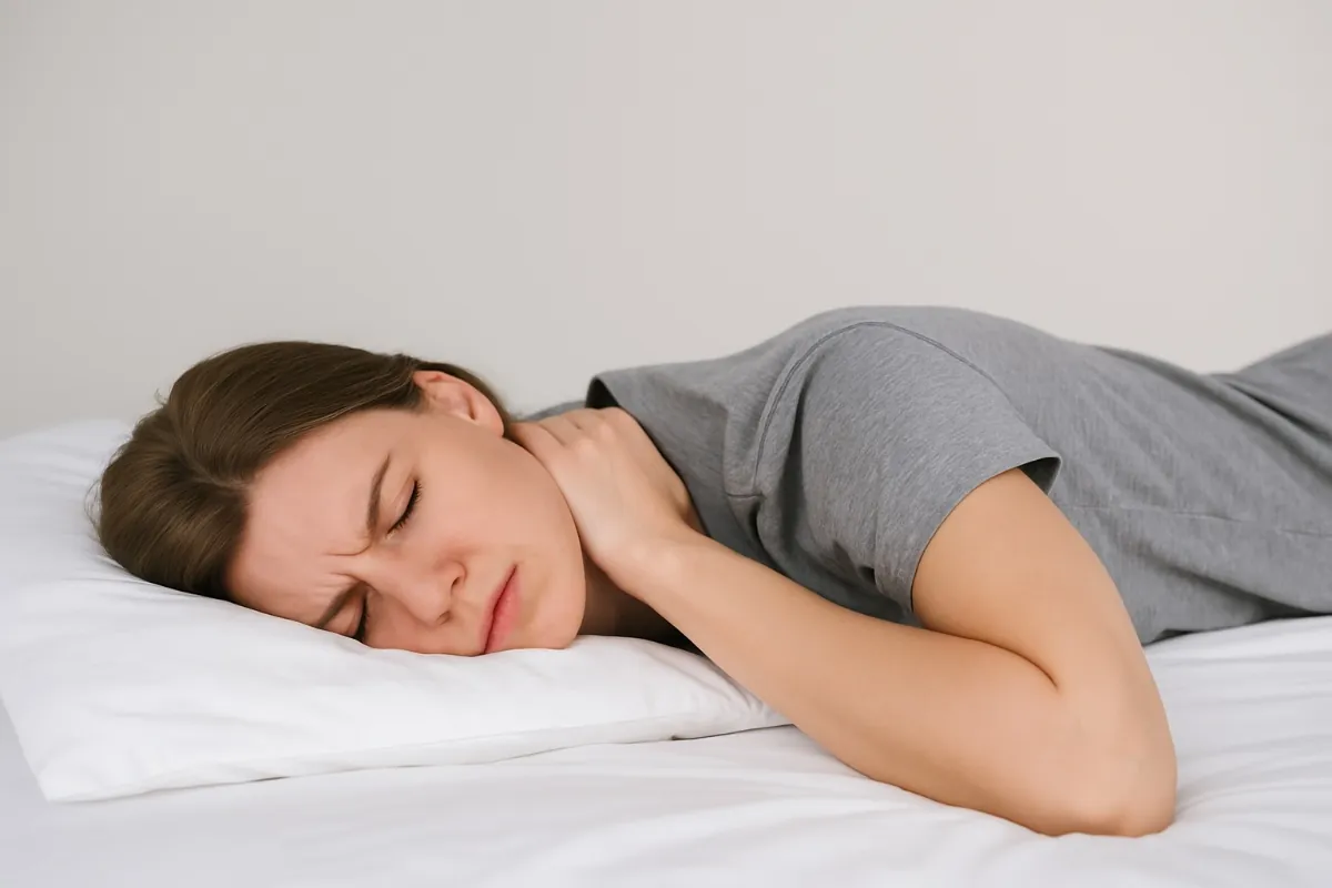 Woman lying on her stomach with her head turned to the side, holding her painful neck